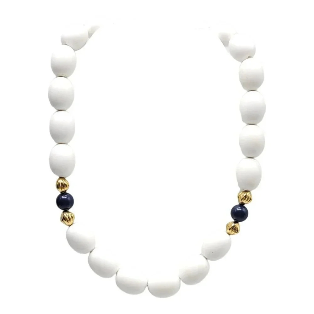 Monet White Blue Lucite Gold Tone Bead Beaded Choker Necklace 17"